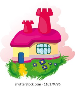 fairy-tale house among trees with walk path vector illustration