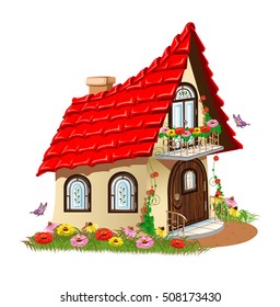 fairytale house with a balcony with flowers. Isolated on white background