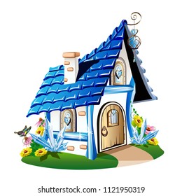 Fairytale house with blue crystals. Vector illustration.