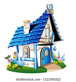 Fairytale house with blue crystals. Vector illustration.