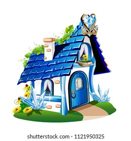Fairytale house with blue crystals. Vector illustration.