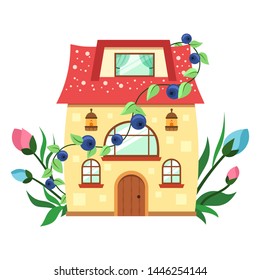 Fairytale house with colorful flowers and blueberries