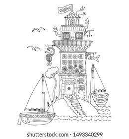 Fairytale house. Cute fantasy beacon on the island. Moored boats. Hand drawn sketch for antistress adult coloring book in zentangle style. Vector illustration for coloring page.