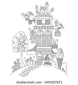 Fairytale house. Cute fantasy sweet-shop. Sketch for antistress adult coloring book in zentangle style. Vector illustration for coloring page.