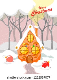 A fairytale house decorated with a garland in the forest with Christmas balls on the snow