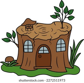 Fairytale House for Dwarves. Cartoon gnome dwelling, a stump with wooden doors, windows, and a chimney on top.