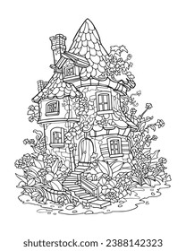 Fairytale house in the forest, black and white coloring, vector