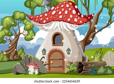 Fairytale house in forest scene illustration