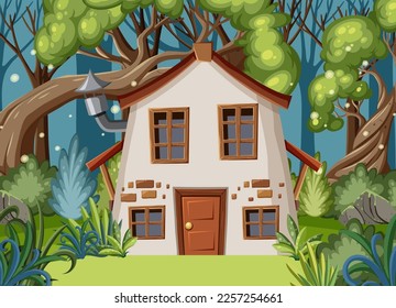 Casa de cuento de hadas en la escena forestal