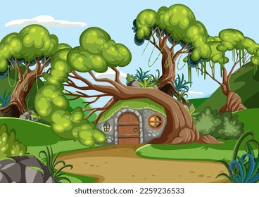 Fairytale house in forest scene illustration