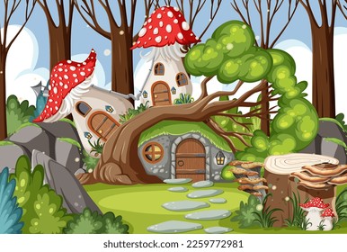 Fairytale house in forest scene illustration