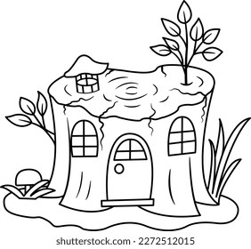 Fairytale House for Gnomes for Coloring Page. Cartoon gnome dwelling, a stump with wooden doors, windows, and a chimney on top.