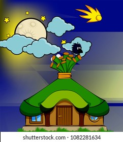 Fairy-tale house with a green roof and a bird on a cartoon sky backdrop. Vector illustration