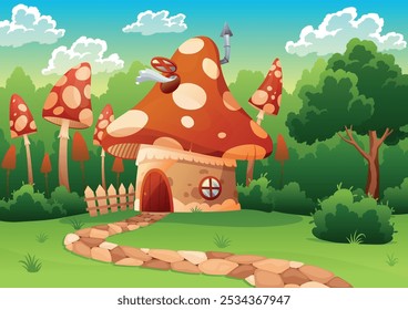 Paisaje de casa de cuento de hadas. Casa de hadas de dibujos animados en forma de seta en césped verde decorado con árboles y césped. Ilustración vectorial sobre fondo blanco