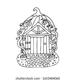 Fairytale house made of pumpkins on a white background in doodle style. Masonry in front of doors, climbing plant on the sides of the house. Interesting illustration with a magical plot vector