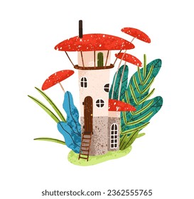 Fairytale house in mushroom. Fantasy fairy tale dwarf home in nature among forest leaf. Cute small gnome tower with tiny doors, windows. Flat graphic vector illustration isolated on white background