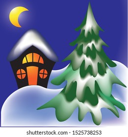 Fairytale house near a large Christmas tree with snowdrifts on the roof on a winter night