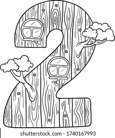 Fairytale house from the number. Number 2 with windows. Wooden figure. Coloring book page. Children's creativity.