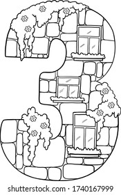 Fairytale house from the number. Number 3 with windows. The number is made of stone. Coloring book page. Children's creativity.