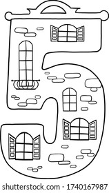 Fairytale house from the number. Number 5 with windows. Palace of the number. Coloring book page. Children's creativity.