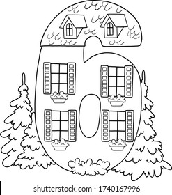 Fairytale house from the number. Number 6 with windows. Palace of the number. Coloring book page. Children's creativity.