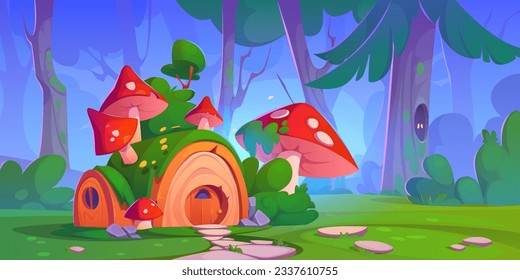 Fairytale house on green forest glade. Vector cartoon illustration of fantasy wooden hut with door, porch and round windows, mushrooms and moss on roof, stone footpath. Spooky eyes in tree hollow