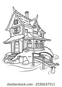 Fairytale house on an island with a wooden bridge across the river. Coloring page for kids. Vector illustration