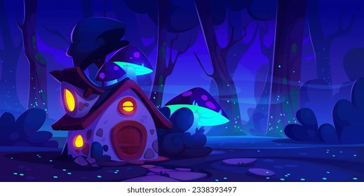 Fairytale house on night forest glade. Vector cartoon illustration of fantasy wooden hut with door, porch and light in round windows, neon mushrooms and fireflies glowing in darkness, stone footpath