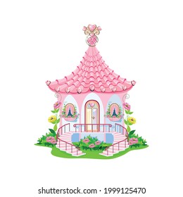 A fairytale house with a pink roof, spiral staircases, glass door and gemstone hearts. A small house for a princess. Fairy tale background vector illustration in cartoon style isolated