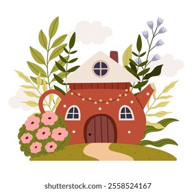 A fairy-tale house in the shape of a teapot.Cartoon fantasy house.