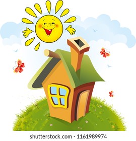 Fairy-tale house stands on hill with grass and flowers against sky and cartoon sun