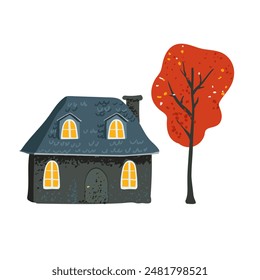 Fairytale house with a tiled roof in a simple minimalist style, red leaves on a tree on a white backdrop. Postcard and poster. Packaging paper and textiles