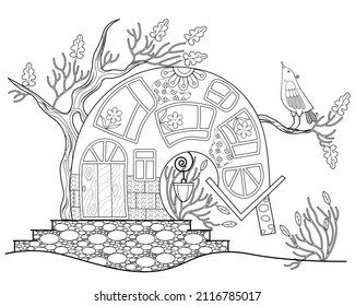 A fairy-tale house, a tree and a bird on a white background. Anti-stress coloring book for children and adults. Decorative element for design