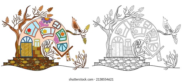 A fairy-tale house, a tree and a bird on a white background. Anti-stress coloring book for children and adults. Decorative element for design