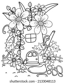 Fairy-tale house from a watering can among flowers. Vector illustration for coloring book