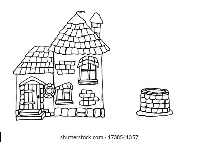 Fairytale house with a well for gnomes, fairies hand drawn isolated on a white background. Magical fairytale cartoon close-up. Line art. Vector illustration