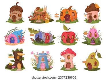 Fairytale houses. Cartoon fantasy fairy tale mushroom, seashell and flower cabins flat vector illustration set. Magic world cute house collection