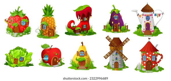 Fairytale houses and dwellings. Cartoon vector fairy, dwarf or gnome boot, strawberry, pineapple and eggplant homes. Watering can, cabbage, apple, pear or windmill, mug house buildings