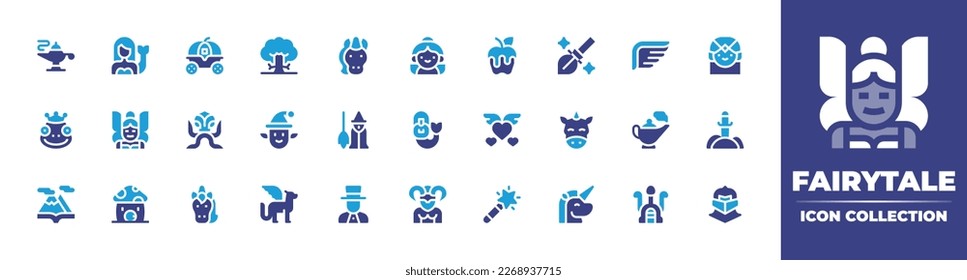 Fairytale icon collection. Duotone color. Vector illustration. Containing magic lamp, mermaid, cinderella carriage, tree people, unicorn, fairy, poisoned apple, magic broom, wings, elf, frog prince.