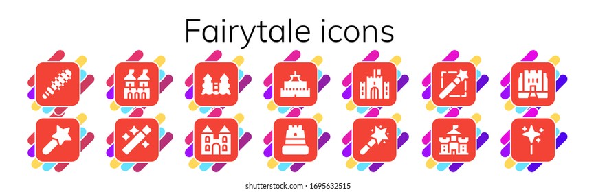 fairytale icon set. 14 filled fairytale icons. Included Mace, Magic wand, Fortress, Wand, Castle, Medieval icons