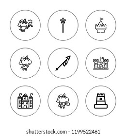 Fairytale icon set. collection of 9 outline fairytale icons with castle, magic wand, lance, tower icons. editable icons.