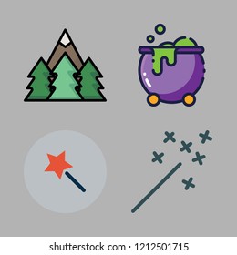 fairytale icon set. vector set about magic wand, forest and cauldron icons set.