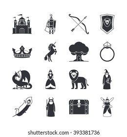 Fairytale Icons Or Fantasy Icons. Castle And Sword, Knight And Princess, Dragon And Crown. Vector Illustration