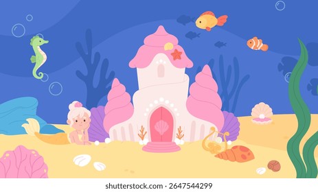 Fairytale illustration with little mermaid princess and underwater castle. Cartoon fish and seahorse, seaweeds and plants, sand, vector background