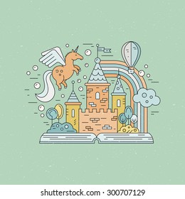 Fairytale illustration with open book and magic elements. Castle, balloon, rainbow, unicorn made in modern linear style vector. Imagination and creative process concept.