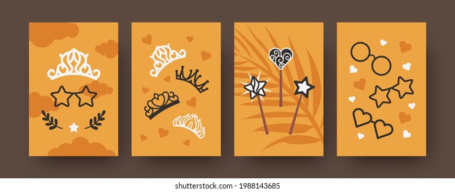 Fairytale illustrations set. Bright set of fairytale elements isolated on orange background. Magic wands and crowns, sunglasses of different shapes. Folklore concept for banners, website design