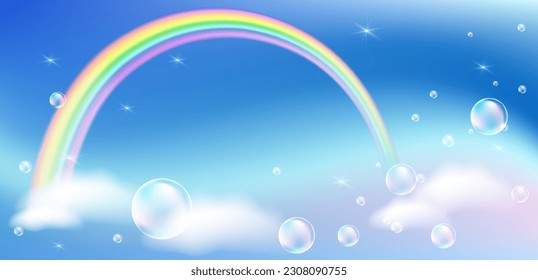 Fairytale iridescent sky landscape with rainbow and stars in the cloudy sky. Magic background for princess and unicorn.