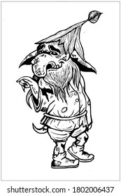 Fairytale isolated character, magic creature, cute little gnome with sharp ears and large curved nose, one protruding tooth, bushy beard, and small tail, dressed in a shirt with patch and shorts.