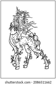 Fairytale isolated character with powerful legs  and hooves in full growth, a cartoon deer girl with long hair and pigtails, a cute fantasy forest creature with leaves, horn and a bow-knot.