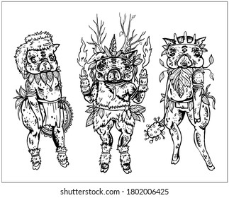 Fairytale isolated characters, magic animals, three pig shamans: one in a fur hat with tambourine, second in fur cape with fang on his neck and with fire from his paws, third pig with mace in paw.